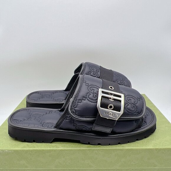 GUCCI Mens GG LOGO Quilted Buckle Black Slides Sandals 776792 Mens UK 9 US 9.5 - Picture 6 of 14